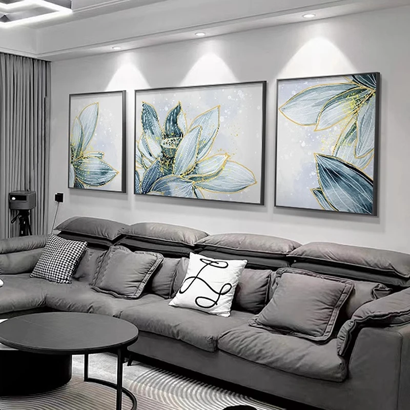 高级感花卉沙发背景墙装饰画现代风沙发亮光质感轻奢蓝色系三联画