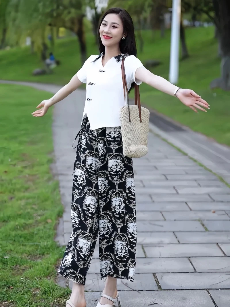 (XI ZI女装)88085休闲时尚扎染碎花水墨画冰丝直筒阔腿裤