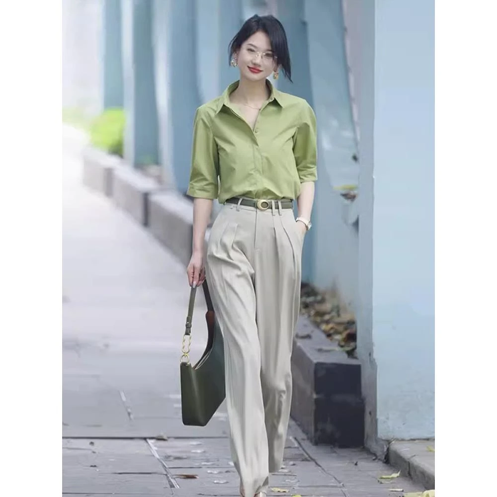 夏装搭配一整套高级感干练气质优雅女神范时尚小香风绿色衬衫套装