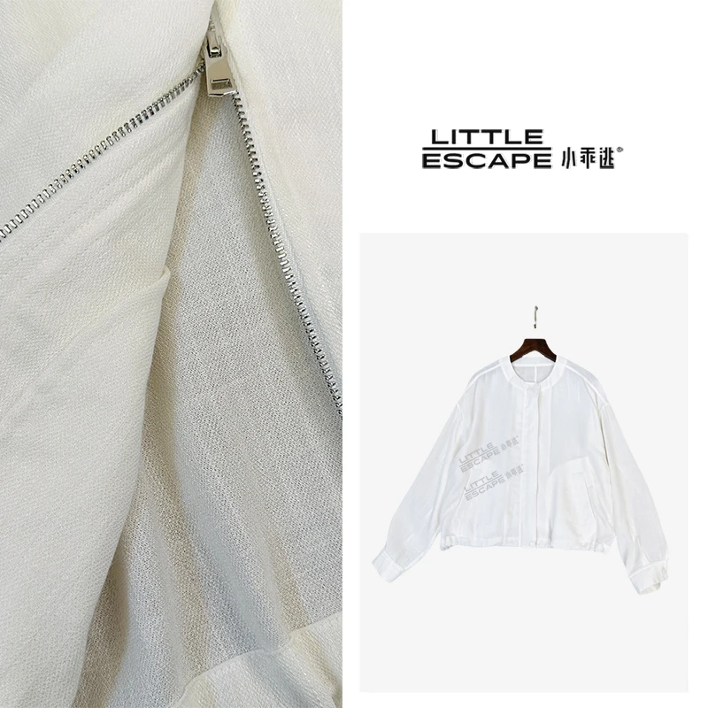 小乖逃麻感防晒外套大扣子下摆可调节抽绳白色外套上下拉链M8385