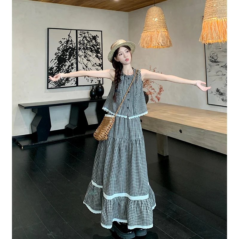甜美宽松蕾丝花边套装女夏格纹背心高腰半身裙休闲旅游度假两件套