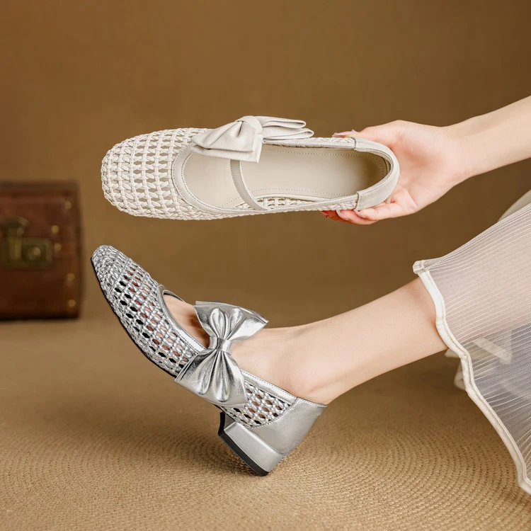 牛皮+编织2.5cm夏季镂空粗跟单鞋女时尚方头蝴蝶结法式透气女凉鞋