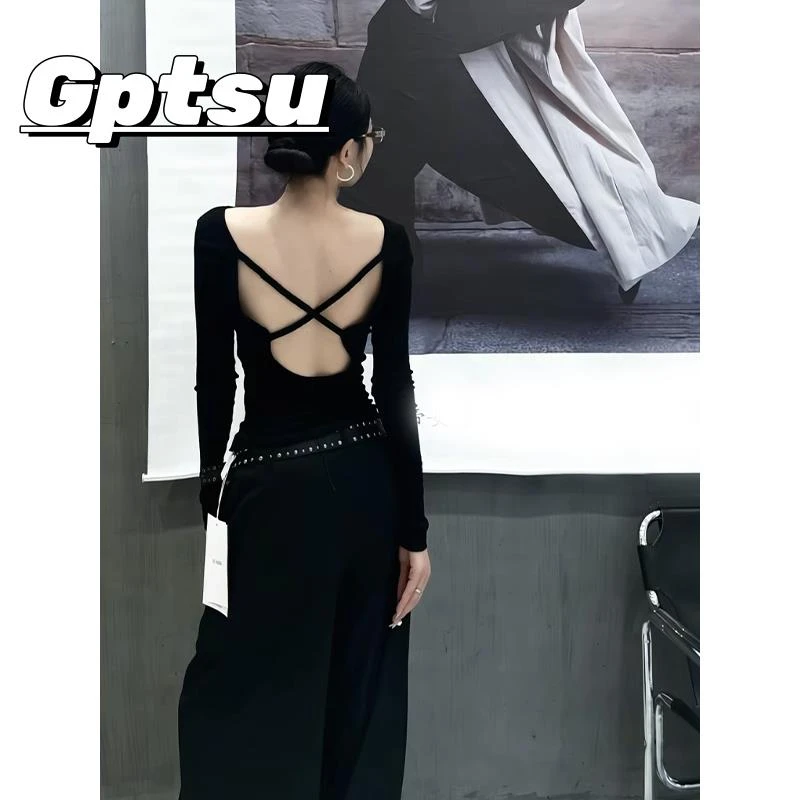 GPTSu法式气质黑色露背长袖针织衫女秋季设计感小众镂空百搭上衣