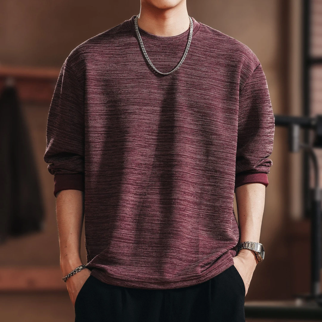 格蓝鹿美式复古提花肌理感长袖t恤男款宽松秋季亲肤针织打底上衣