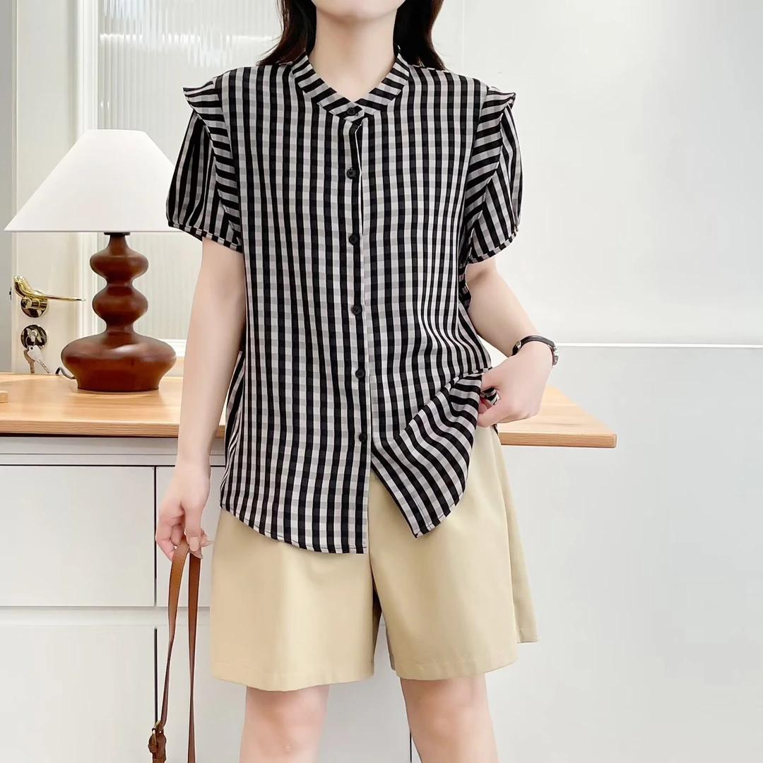 大码胖mm设计感荷叶边条纹短袖衬衫女装夏季宽松百搭显瘦衬衣上衣