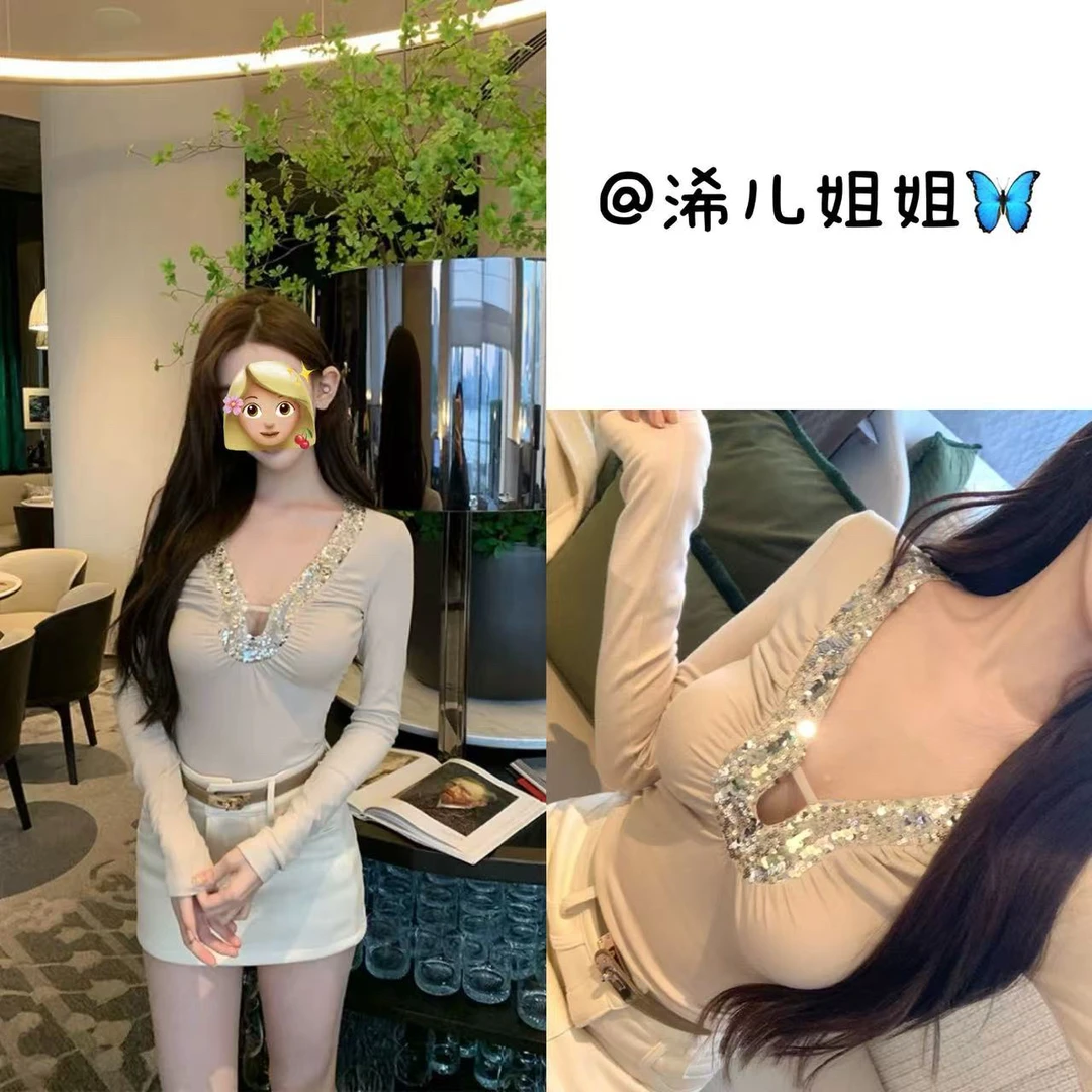 (浠儿家)柔软v领钉珠修身长袖上衣手工拼接紧身T恤显瘦内搭打底衫