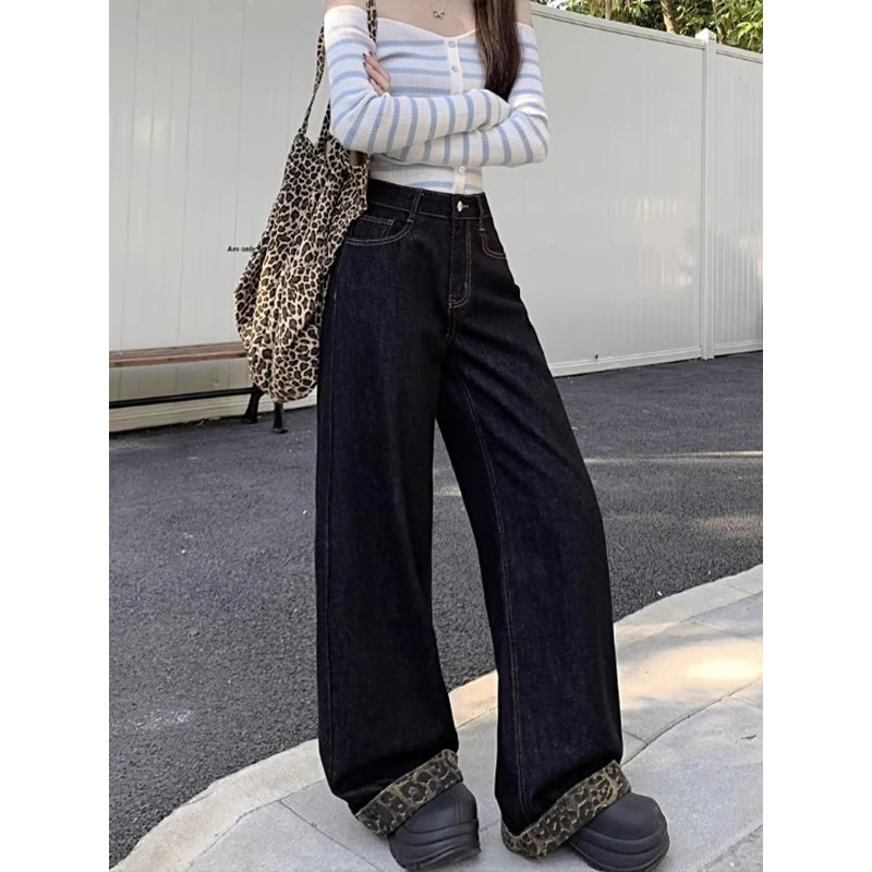 胖mm大码女装美式复古豹纹水洗牛仔裤秋冬新款高腰宽松拖地裤长裤