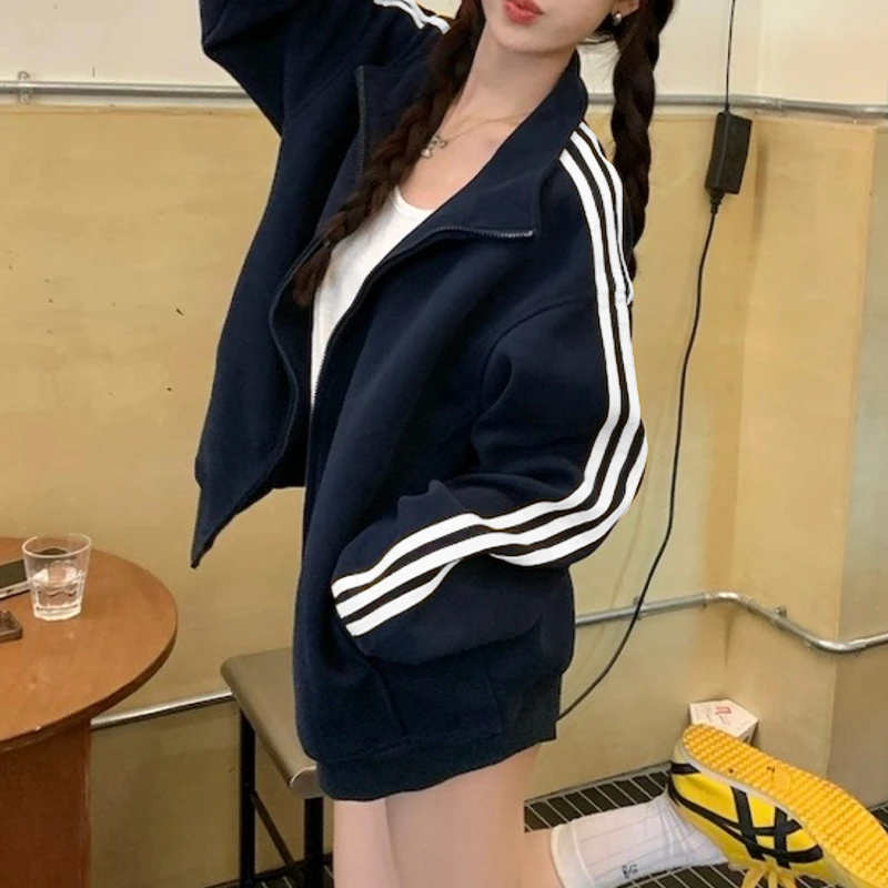 复古三条杠外套秋季新款女装美式2025新款拉链韩系卫衣立领开衫