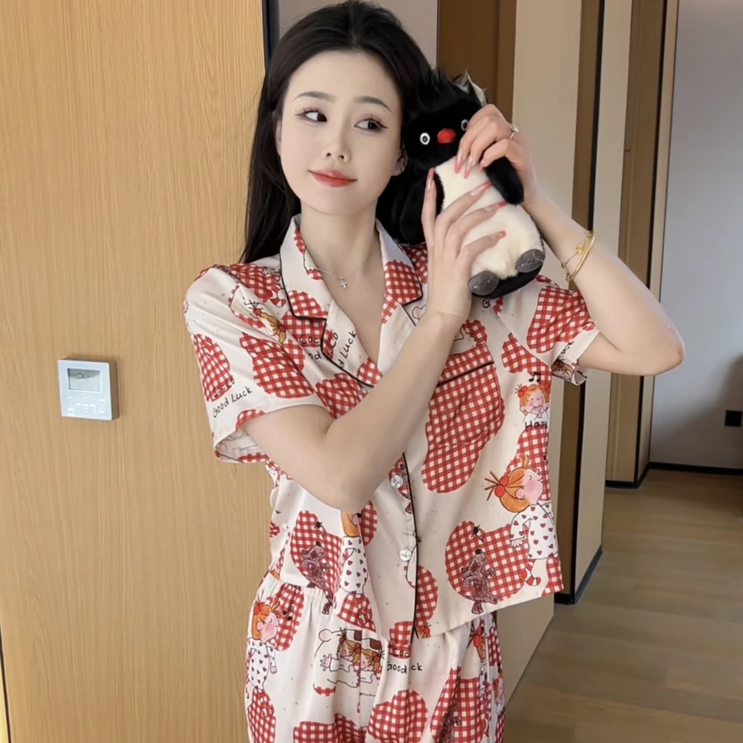 (苹果女孩）夏季休闲减龄可爱睡衣女透气柔软短袖家居服套装可外穿