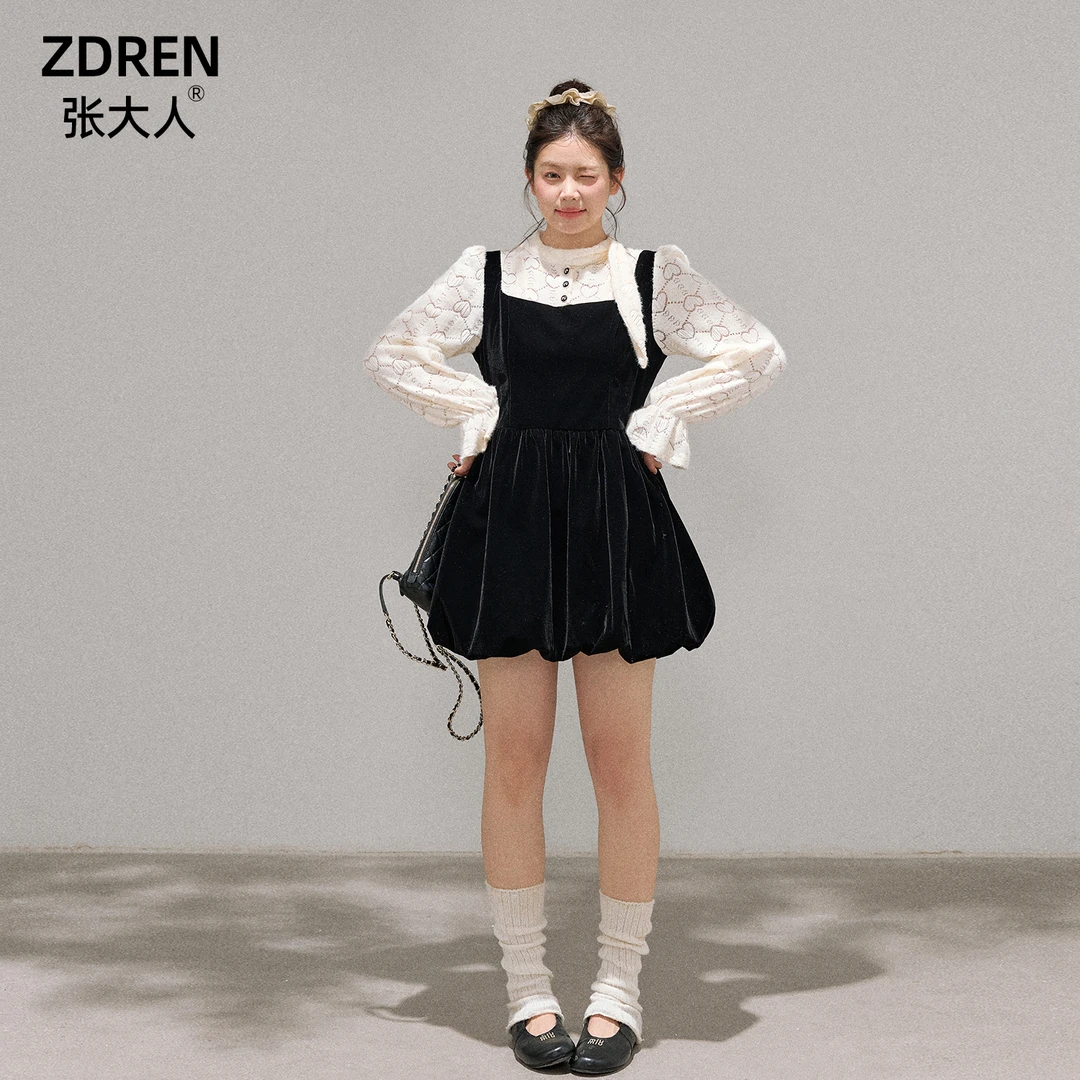 张大人【丝绒黑巧】大码女装微胖妹妹法式喇叭袖假两件拼丝绒花苞裙