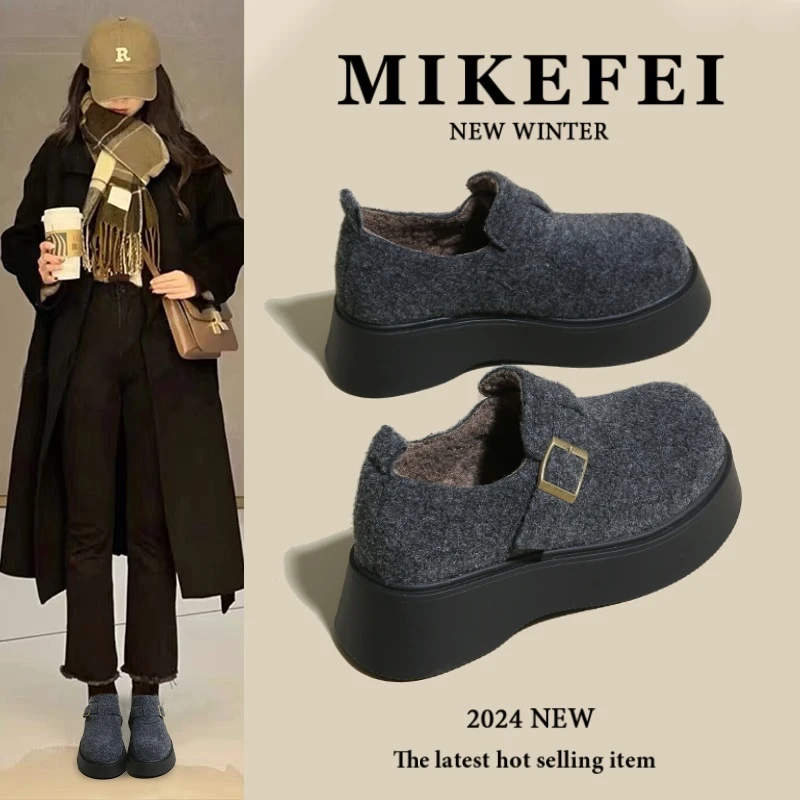 厚底毛呢勃肯鞋女2025冬季新款加绒保暖松糕复古百搭爆款乐福棉鞋