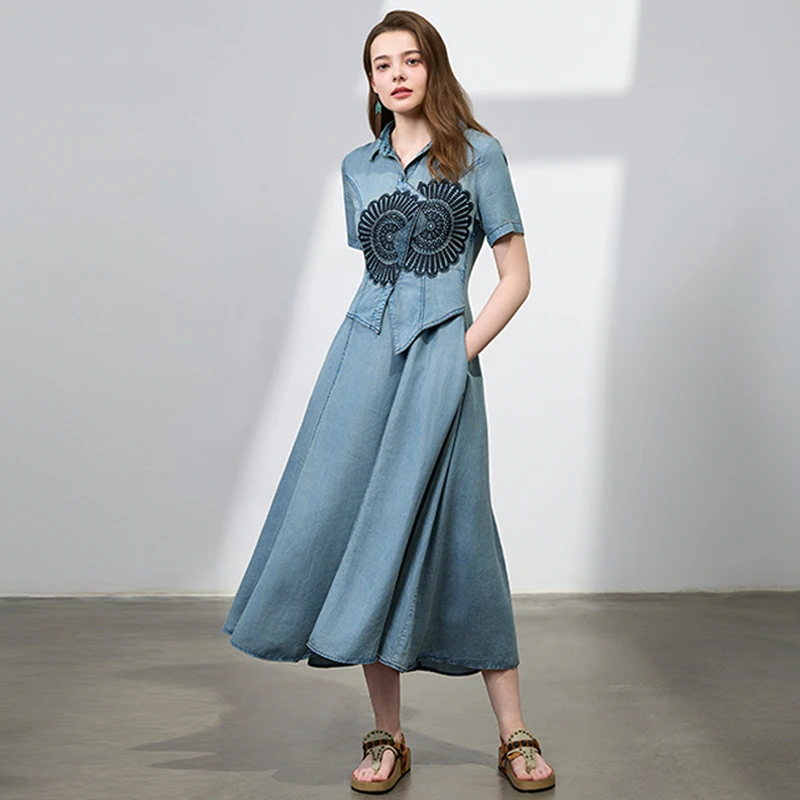 【可可原创】2025夏季减龄翻领绣花假两件小众设计显瘦连衣裙A82753