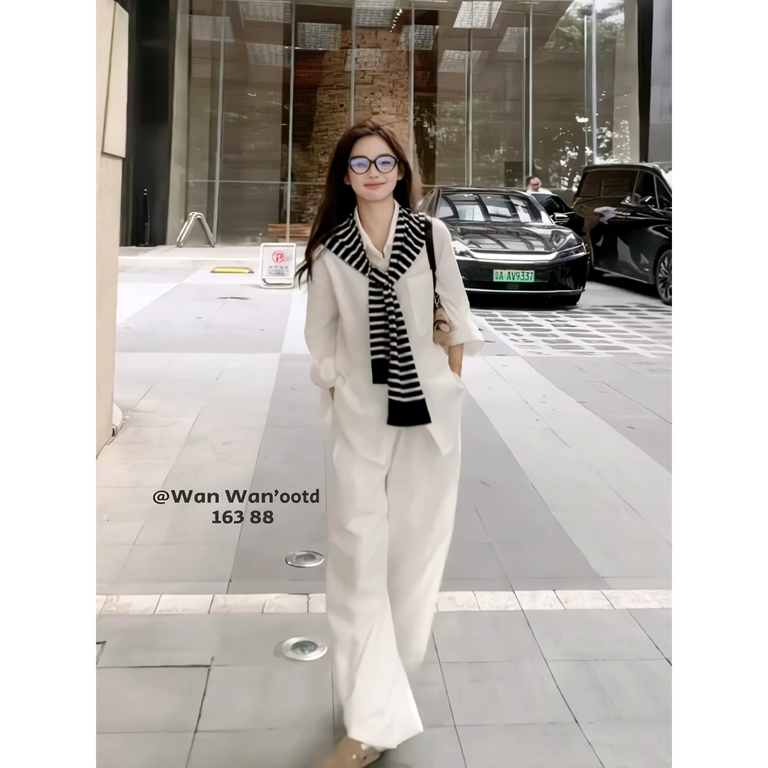 老钱慵懒风宽松长袖衬衫高腰阔腿长裤时尚休闲亚麻套装女夏季新款