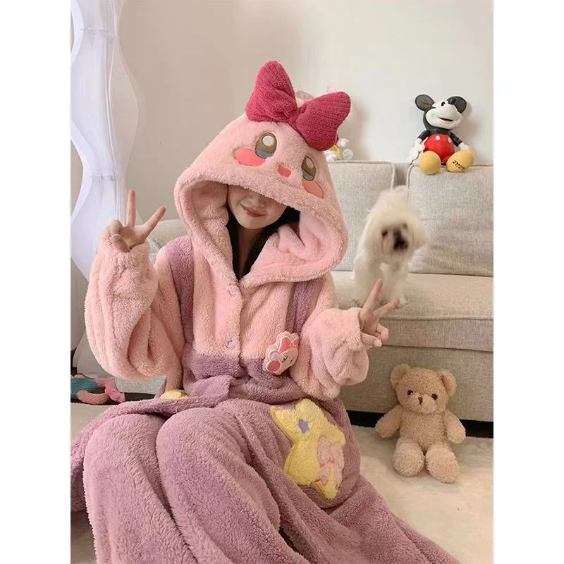 星之卡比睡衣女冬加绒加厚中长款睡袍珊瑚绒睡衣网红家居服外穿
