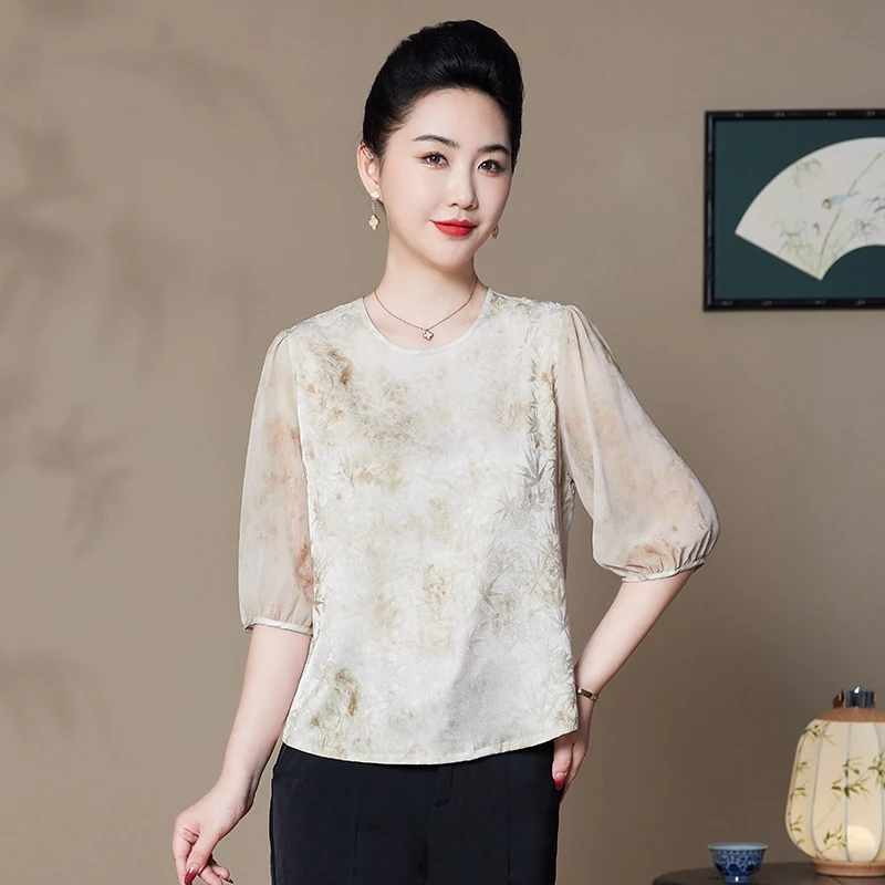 恒源祥彩羊妈妈装仿真丝上衣气质新款中老年女薄款印花小衫洋气仿