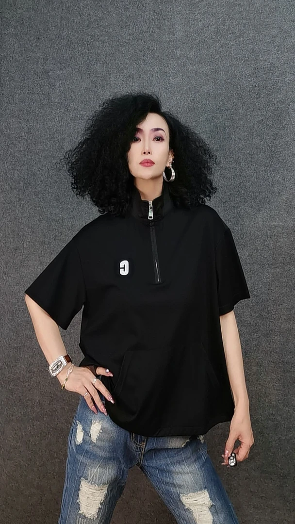 二姐家落肩袖拉链款小立领休闲t恤上衣