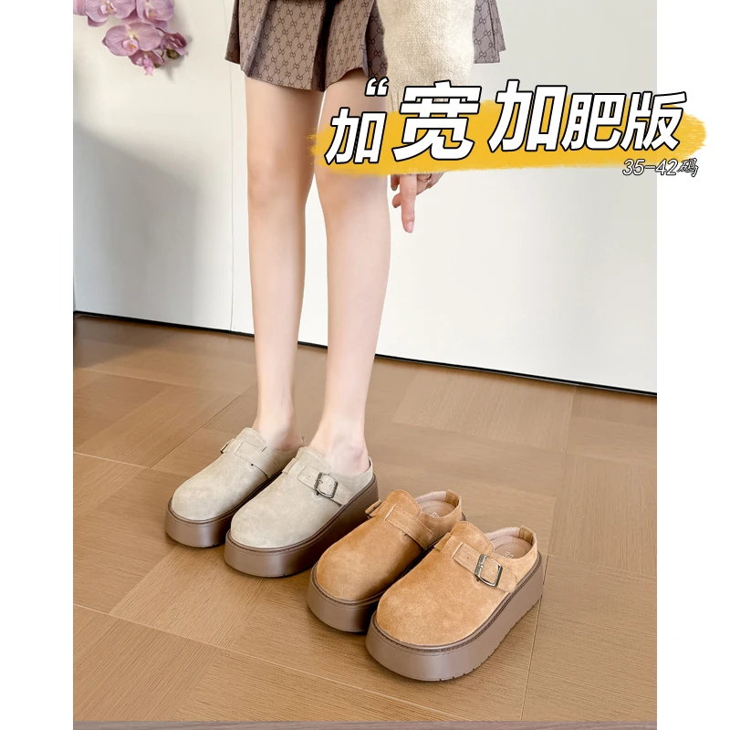 带扣真皮勃肯鞋厚底拖鞋女脚宽脚胖外穿半拖鞋包头大码女鞋41-43