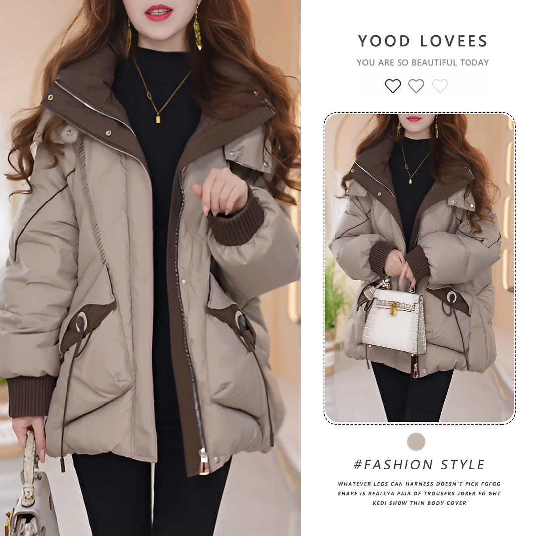 时尚撞色连帽外套女冬季2025新款高级感加厚显瘦百搭加厚保暖棉服