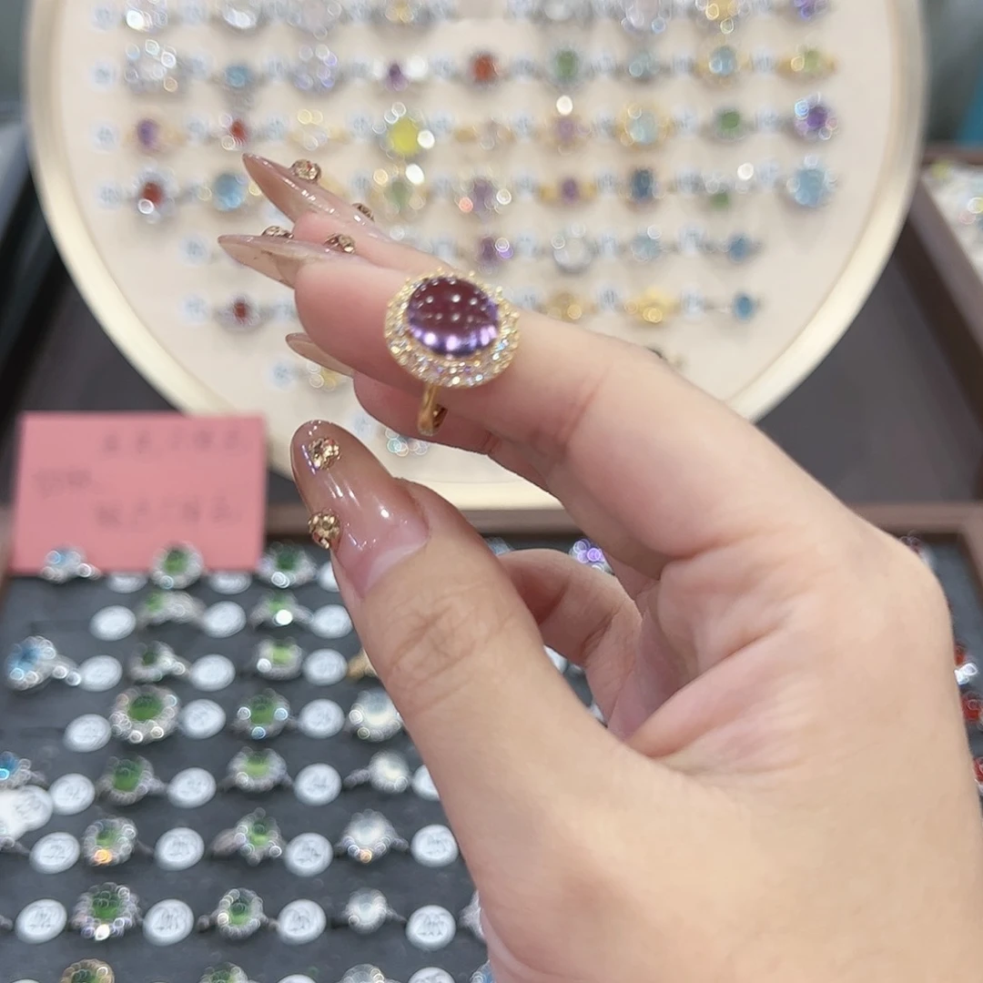 蛇纹石玉戒指银S925镶嵌M**玫