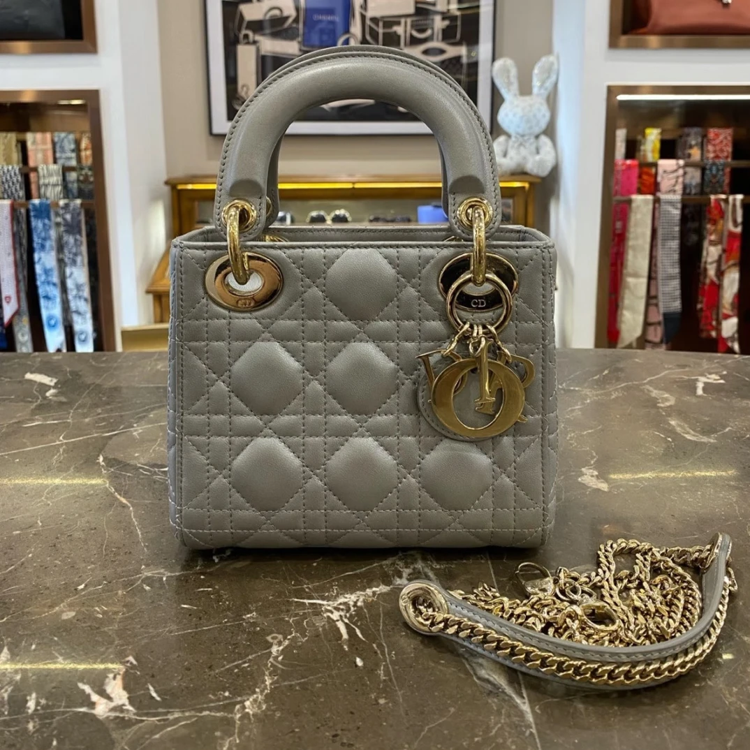 99新 DIOR/迪奥 Dior迪奥灰金三格戴妃包26060045-04