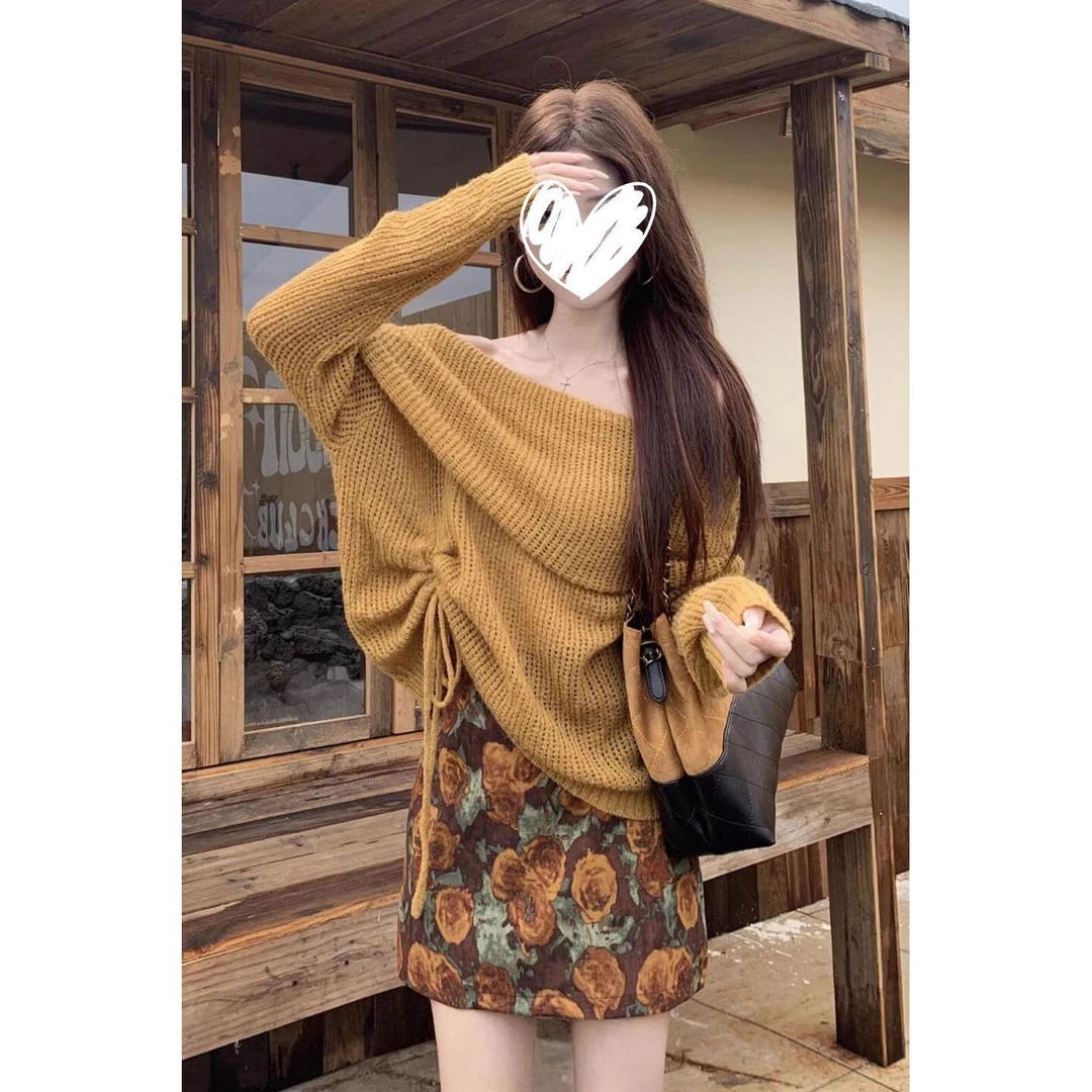 美拉德咖色复古针织衫2025女早秋休闲宽松新款显瘦短裙时尚套装潮