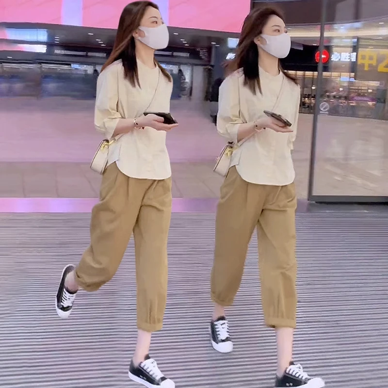 时尚休闲裤衬衫两件套装女2025新款宽松显瘦哈伦裤初春穿搭一整套