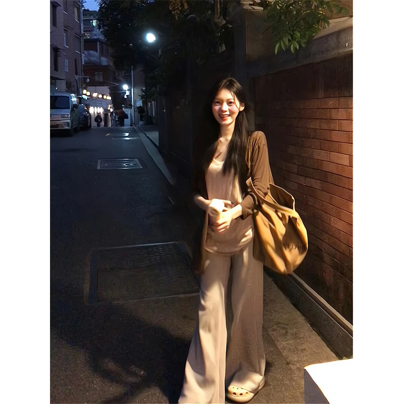 2025新款女早秋季慵懒风休闲宽松百搭长袖开衫内搭背心高腰阔腿裤