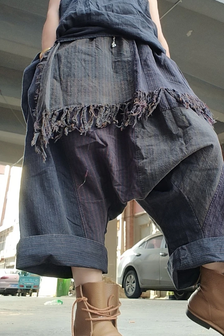 无吊牌磨白做旧老粗布吊档流苏裤，顾客自选条纹