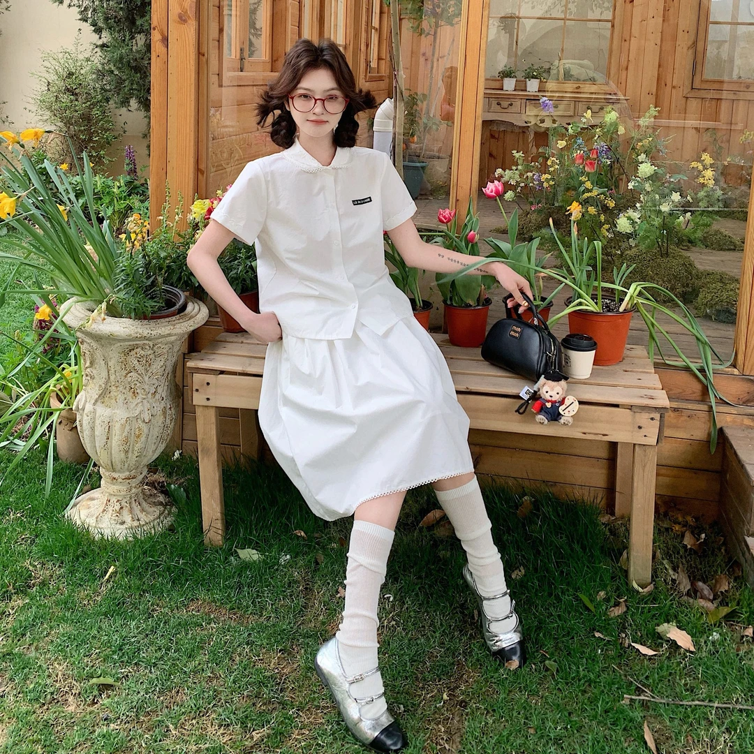 白色衬衫连衣裙子女夏季2025新款学院风小个子miu系穿搭一整套装