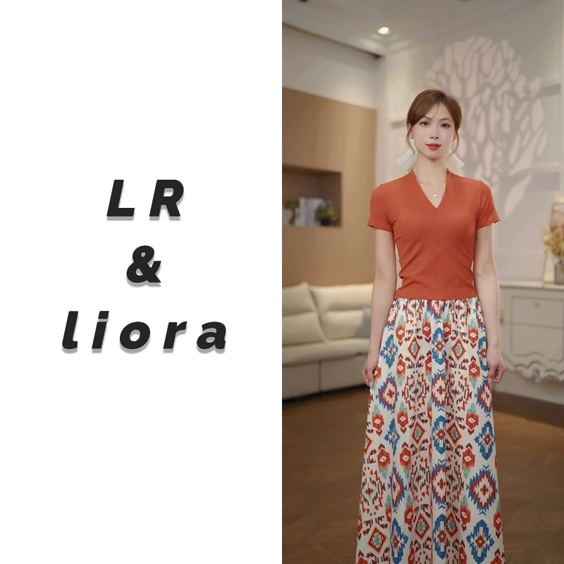 【LR&liora】新款短袖夏季时尚V领上衣长裙套装50992