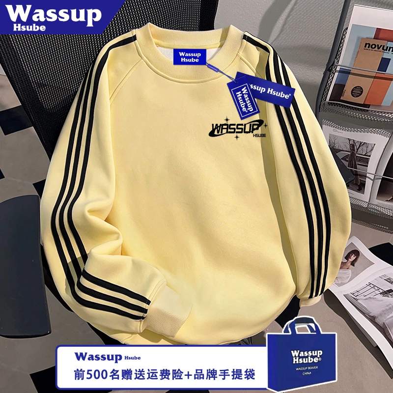 WASSUP HSUBE秋冬创意星绕字母印花上衣三条杠加绒男女款保暖卫衣
