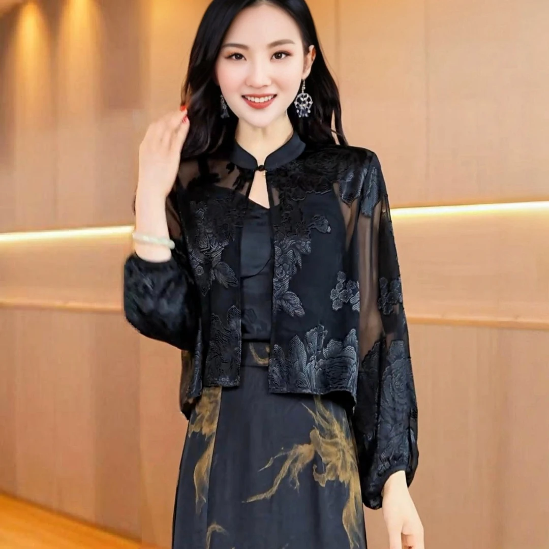 2025新长袖时尚上衣外套新中式刺绣提花夏季防晒衬衫洋气百搭薄款