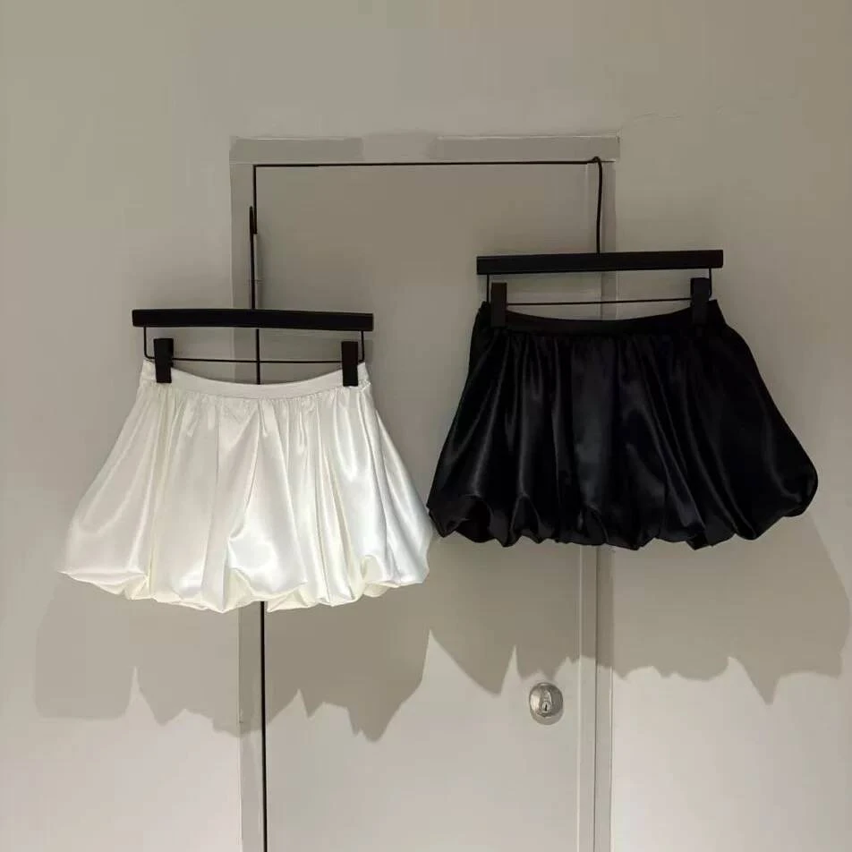 【法式赫本风缎面半身裙】高腰蓬蓬裙亮面纯色复古短裙花苞裙