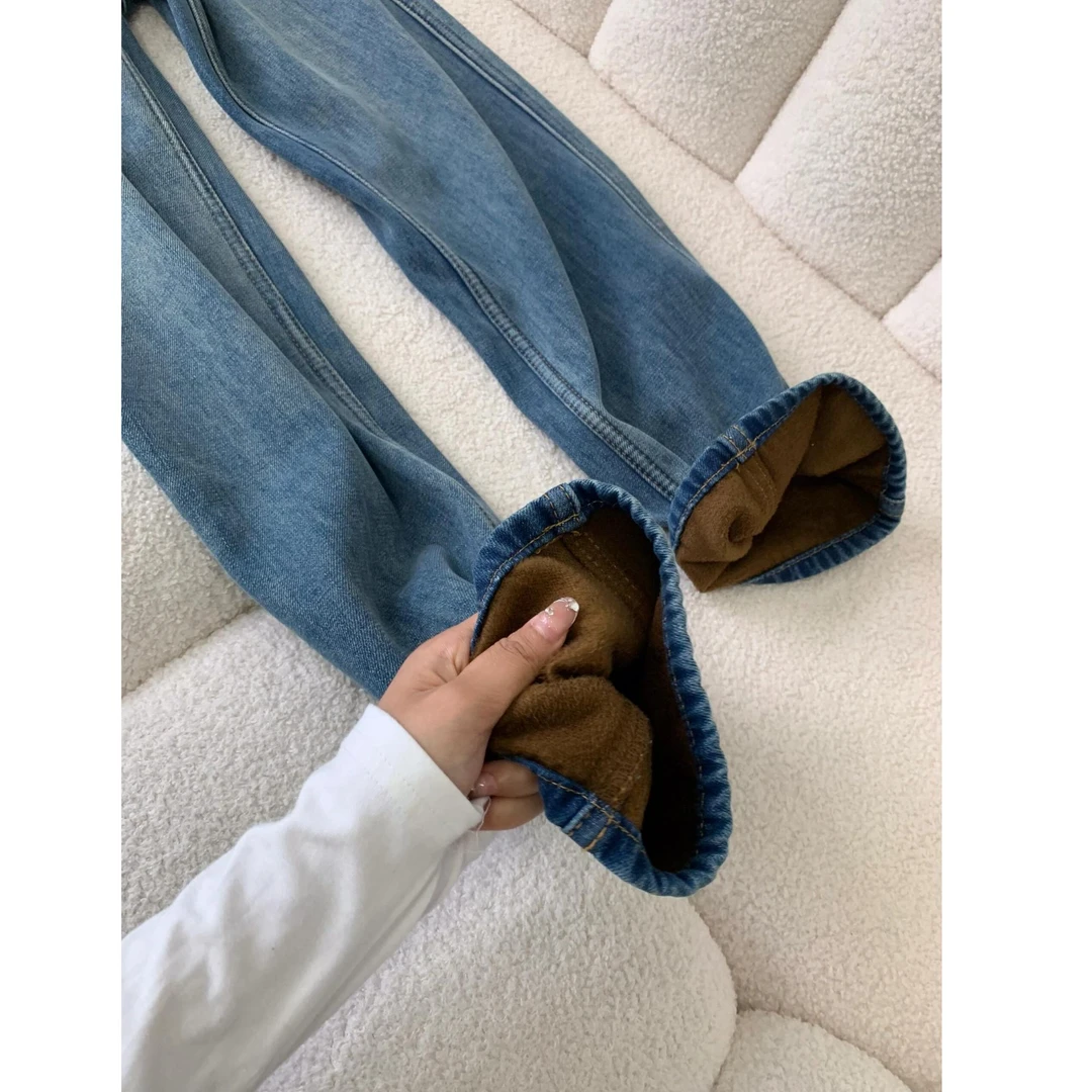 拉夏贝尔复古加绒阔腿牛仔裤女秋冬百搭小个子显瘦高腰窄版直筒裤