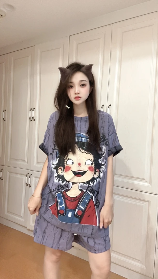 [798竹节棉套装]新款紫色背带女孩竹节棉套装舒适透气显瘦宽松