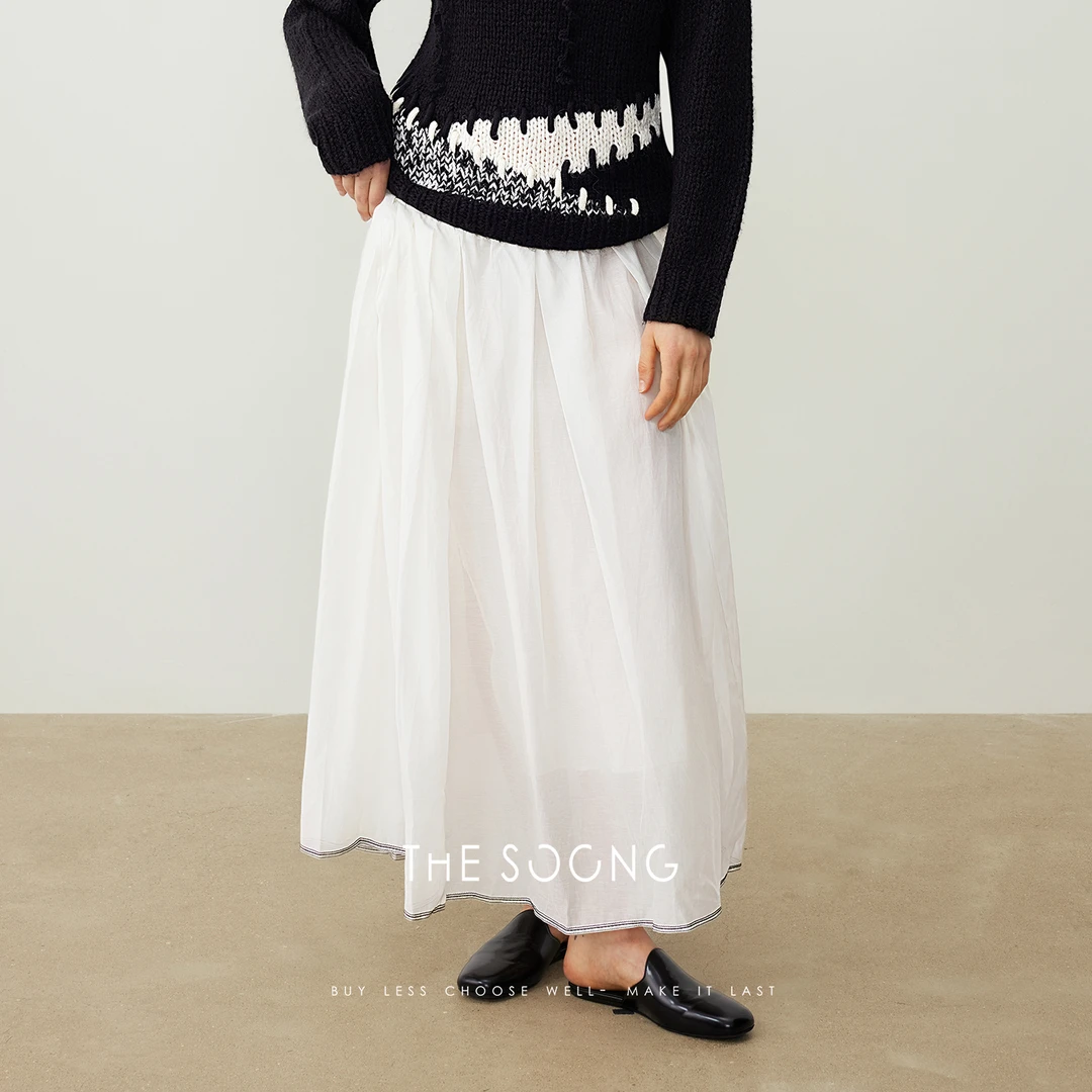 THESOONG|仙女裙 桑蚕丝棉轻盈哑光线条感松紧腰白色半身裙QZ6674