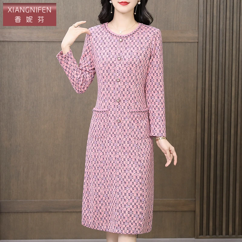 【香妮芬】83219秋季圆领长袖显瘦时尚妈妈装气质长款秋冬连衣裙