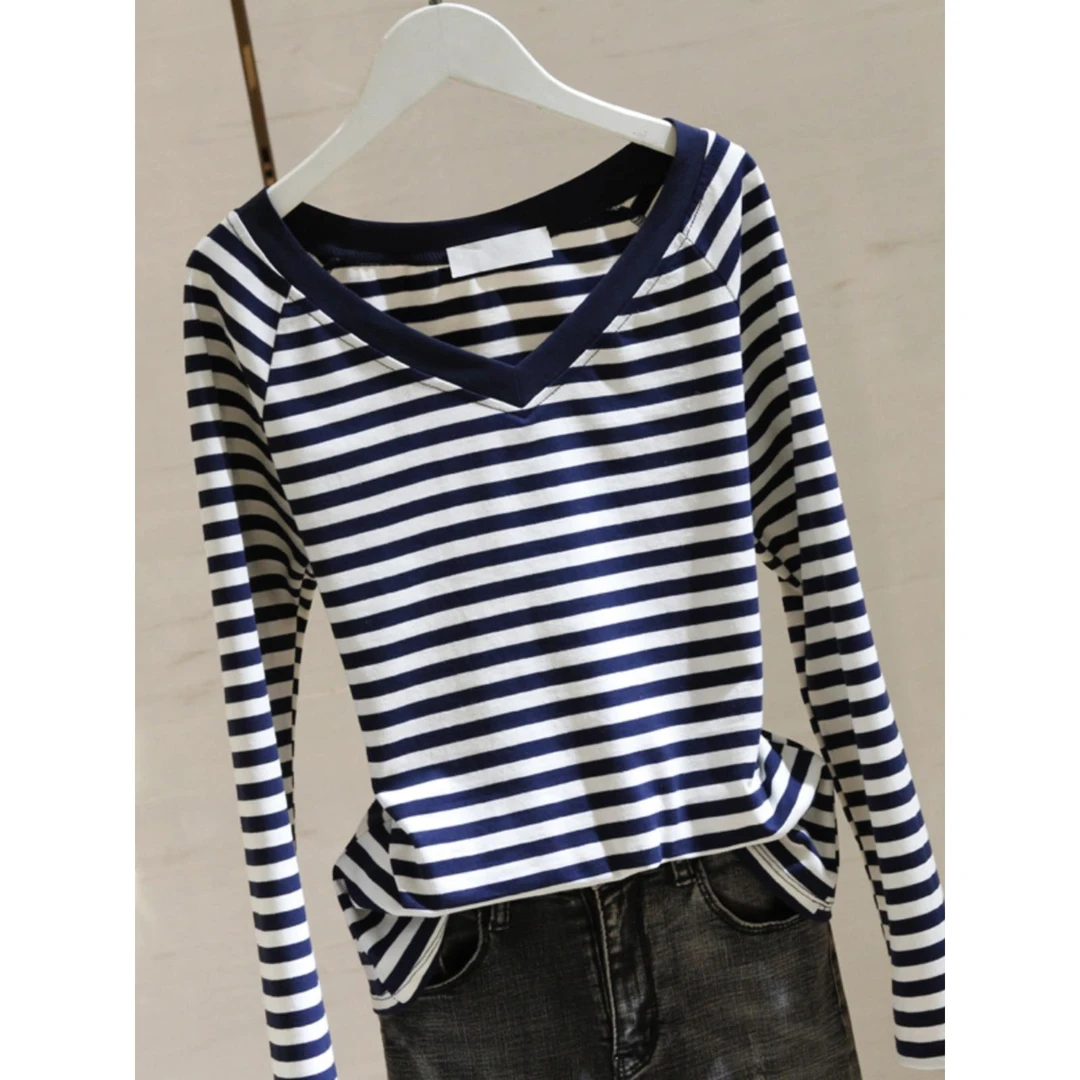 杜拉妮条纹V领长袖t恤女春秋2025年新款韩版修身显瘦内搭打底
