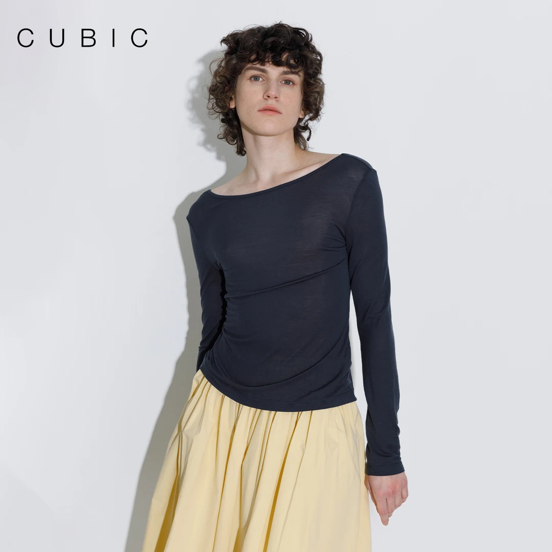 CUBIC春日市集 天丝混纺拼接薄透裸感修身一字领针织衫上衣