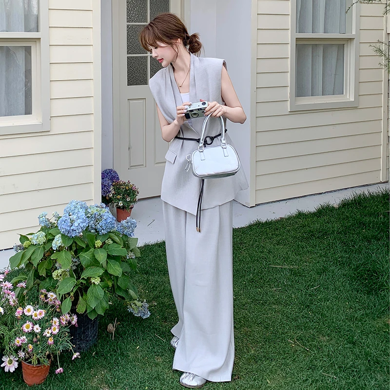 韩系轻奢风气质套装裤女2025年夏季新款纯色马甲高腰阔腿裤两件套