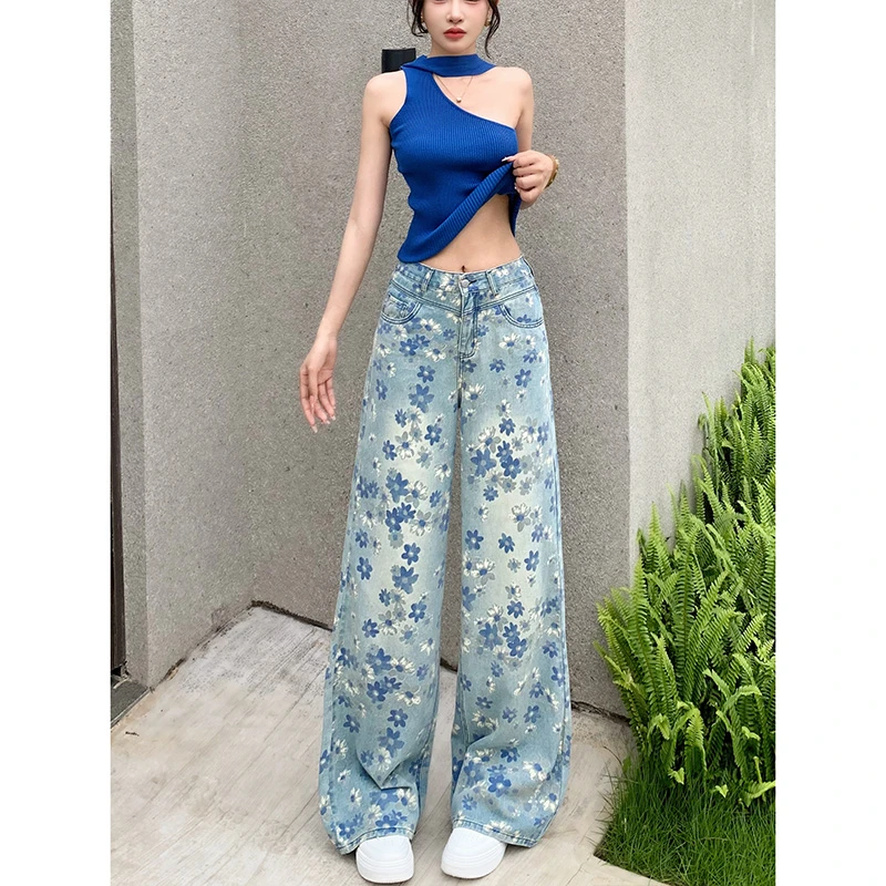蓝碎花油画印花阔腿牛仔裤女2025年冬季新款高腰宽松显瘦拖地长裤