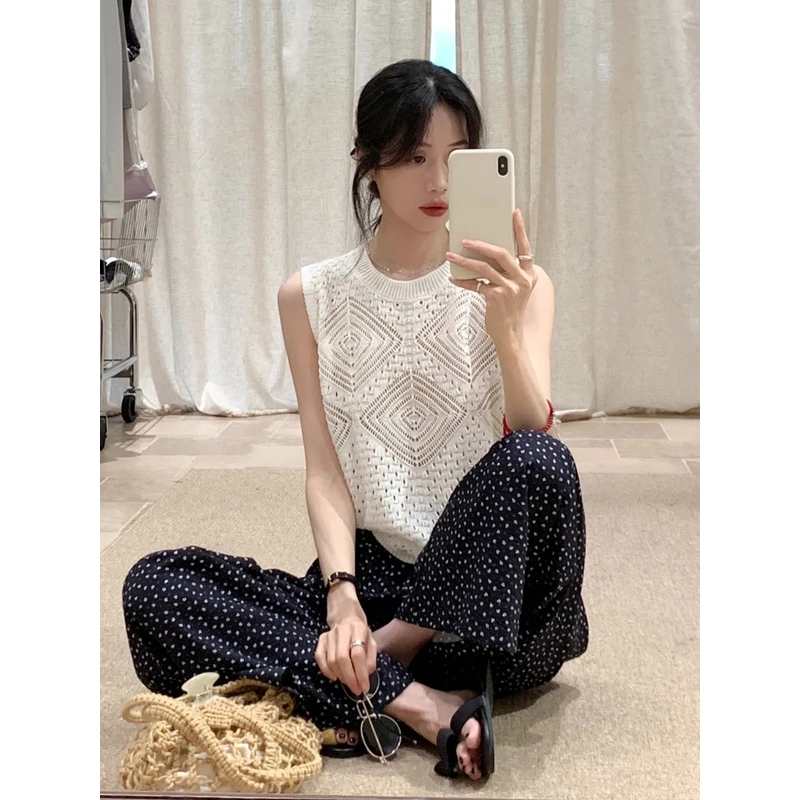 YNVN韩系圆领无袖钩花镂空背心女2025夏季新款设计感小众小衫上衣
