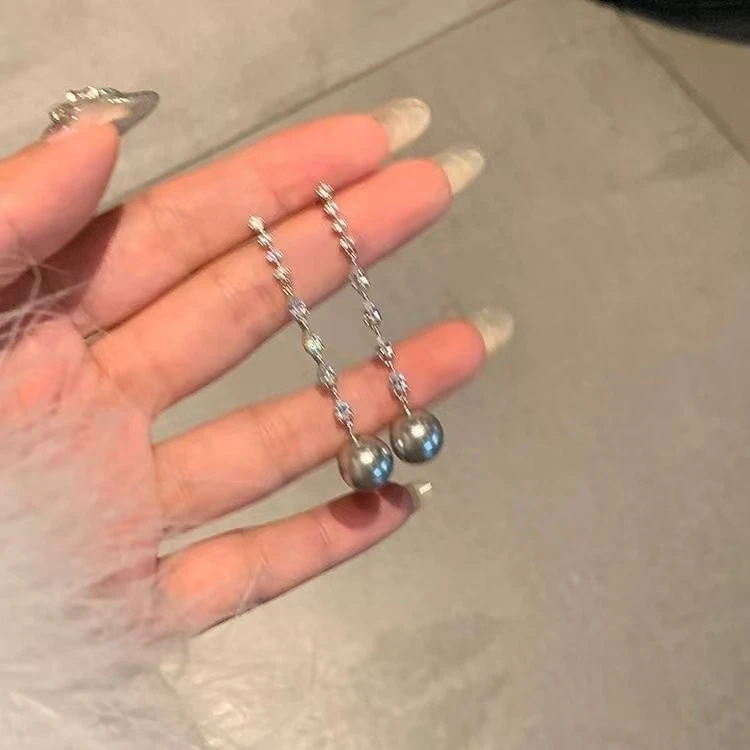 铜合金耳饰 千金轻奢复古长款珠珠高级感新款显脸小气质耳钉2014