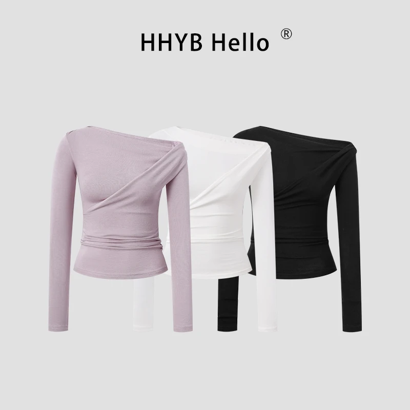 HHYB Hello不规则斜肩设计长袖T恤女秋季2025新款绝美上衣250665