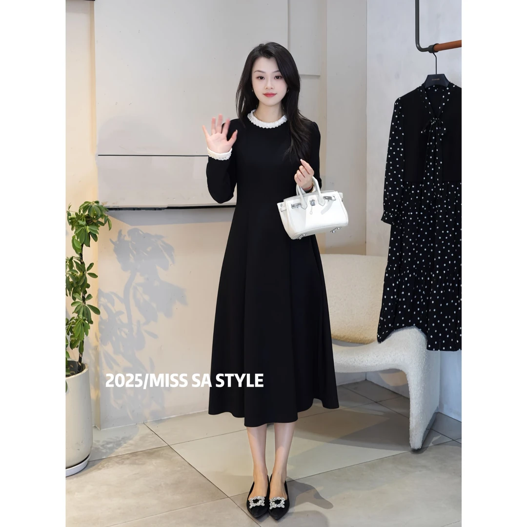 MISS SA 撞色重工钉珠A字连衣裙女秋冬长袖法式气质裙子25099569