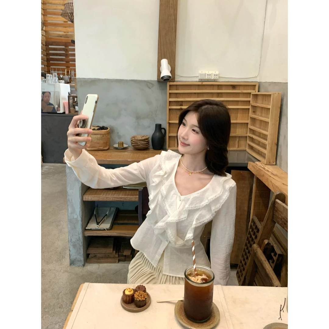 欧阳喜【浮云织梦】秋季法式长袖衬衫女气质显瘦荷叶边上衣