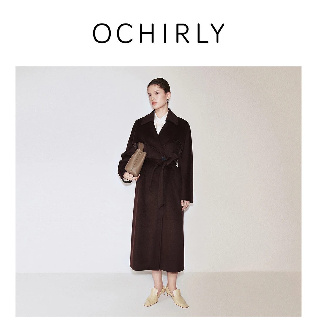 OCHIRLY欧时力澳大利亚羊毛呢秋冬长款外套女大衣配腰带秋季新品