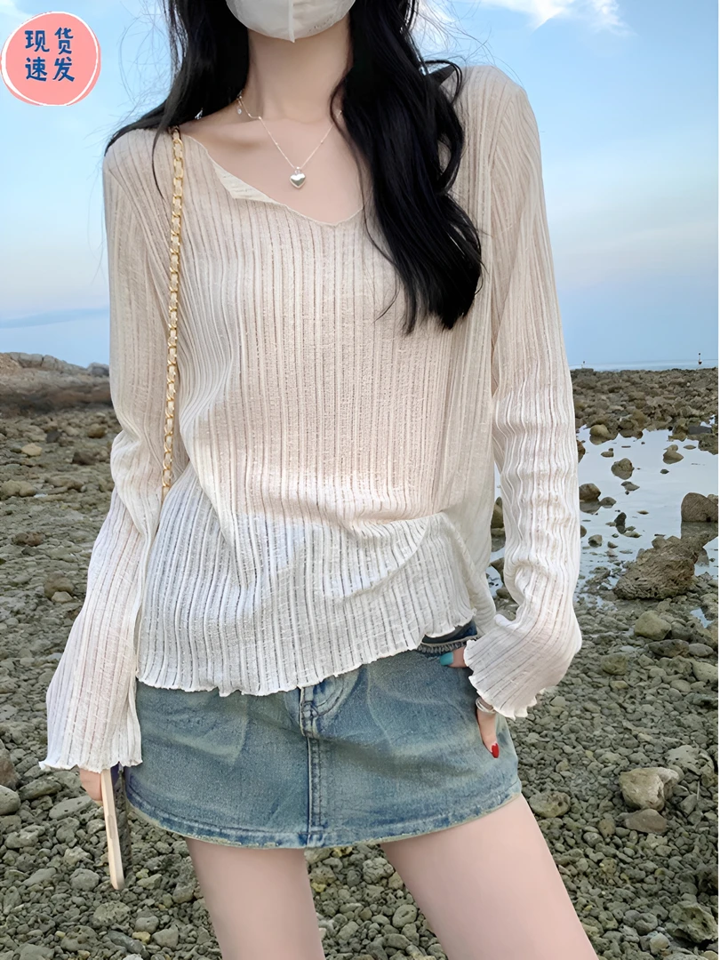 外贸尾货~清仓捡漏剪标折扣夏季V领冰丝薄款防晒宽松长袖T恤女