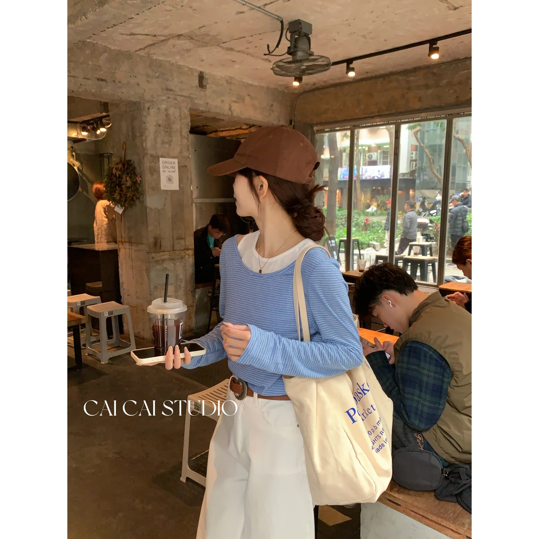 【C·Cai】纯欲真两件U领露肩针织条纹长袖6893#T恤慵懒风防晒罩衫