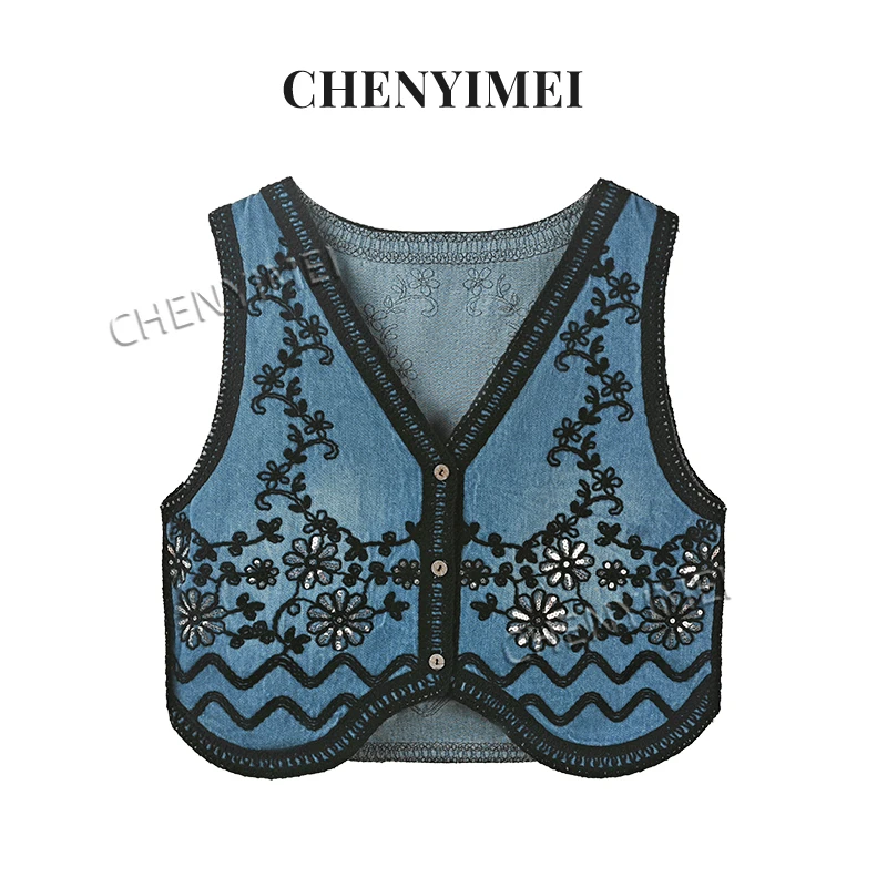 CYM1587复古马甲甜心少女绞花刺绣叠穿背心